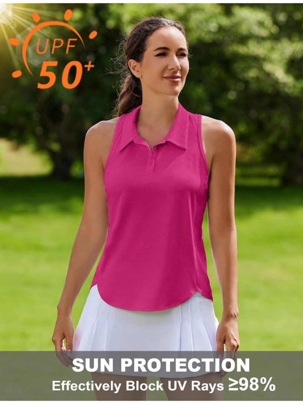 Women's Hot Pink Sleeveless Golf Shirt UPF50+ Tennis Polo Racerback Top - Picture 4 of 6